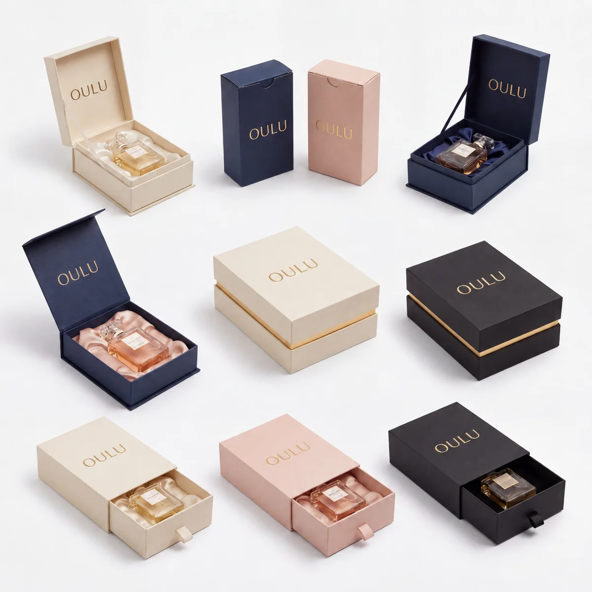 OULORPACK perfume boxes in folding carton, rigid and drawer configurations