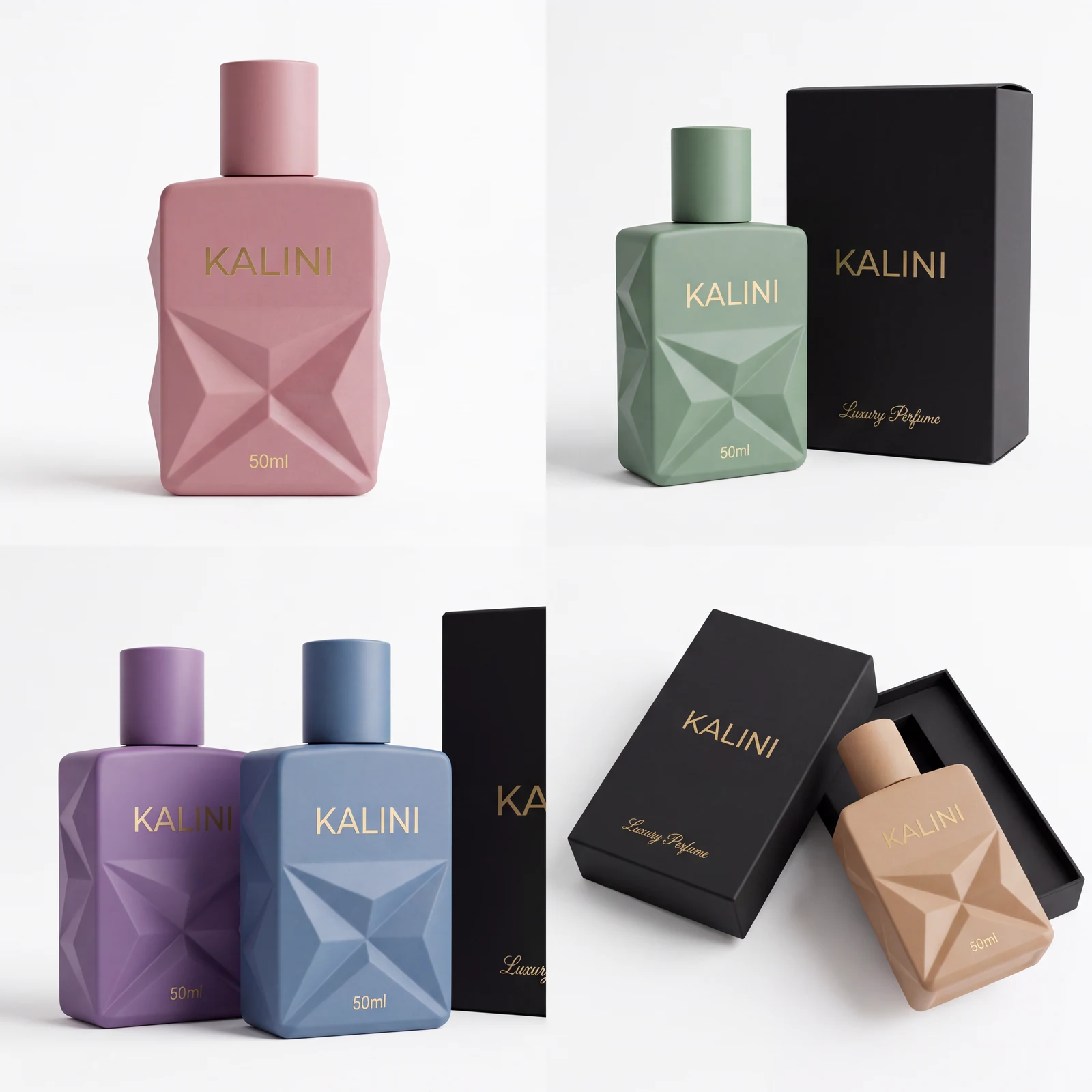 Four coordinated perfume bottle color and packaging presentation directions