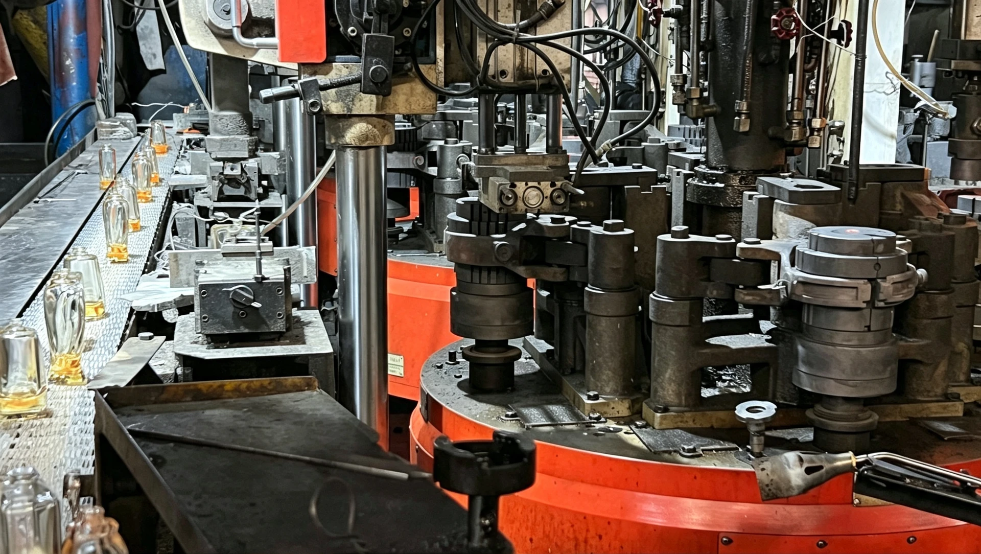 Perfume bottles moving through forming equipment in the OULORPACK production workshop