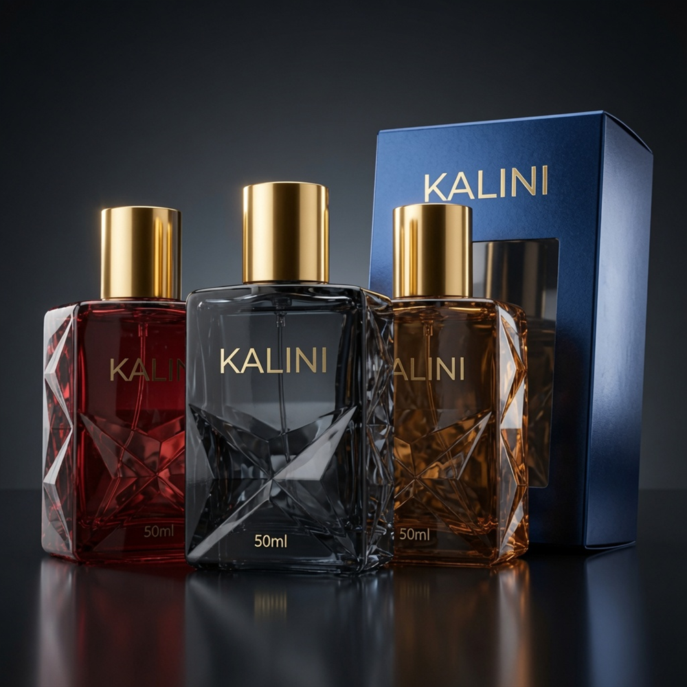 Same 50ml faceted bottle design with gold-tone cylindrical caps and blue window box, supplied KALINI reference
