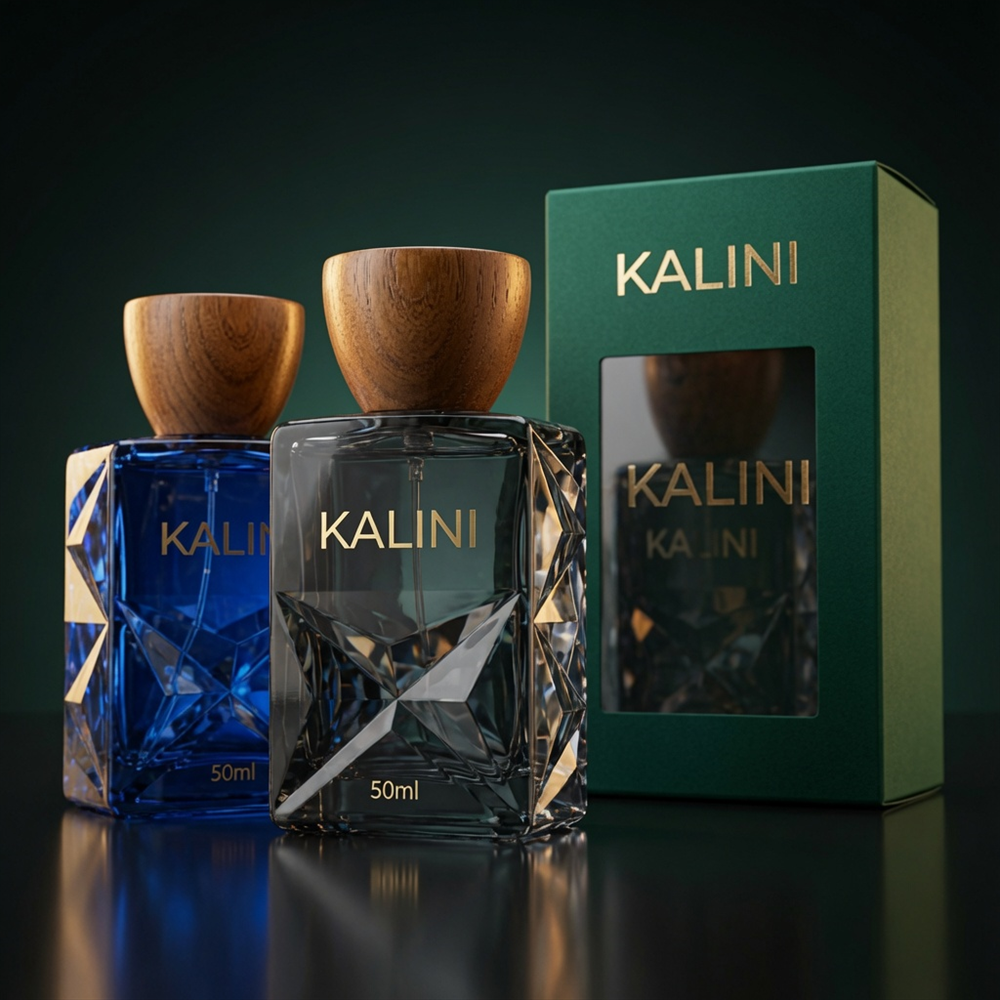 50ml faceted perfume bottles with wood-grain caps and green window box, supplied KALINI reference