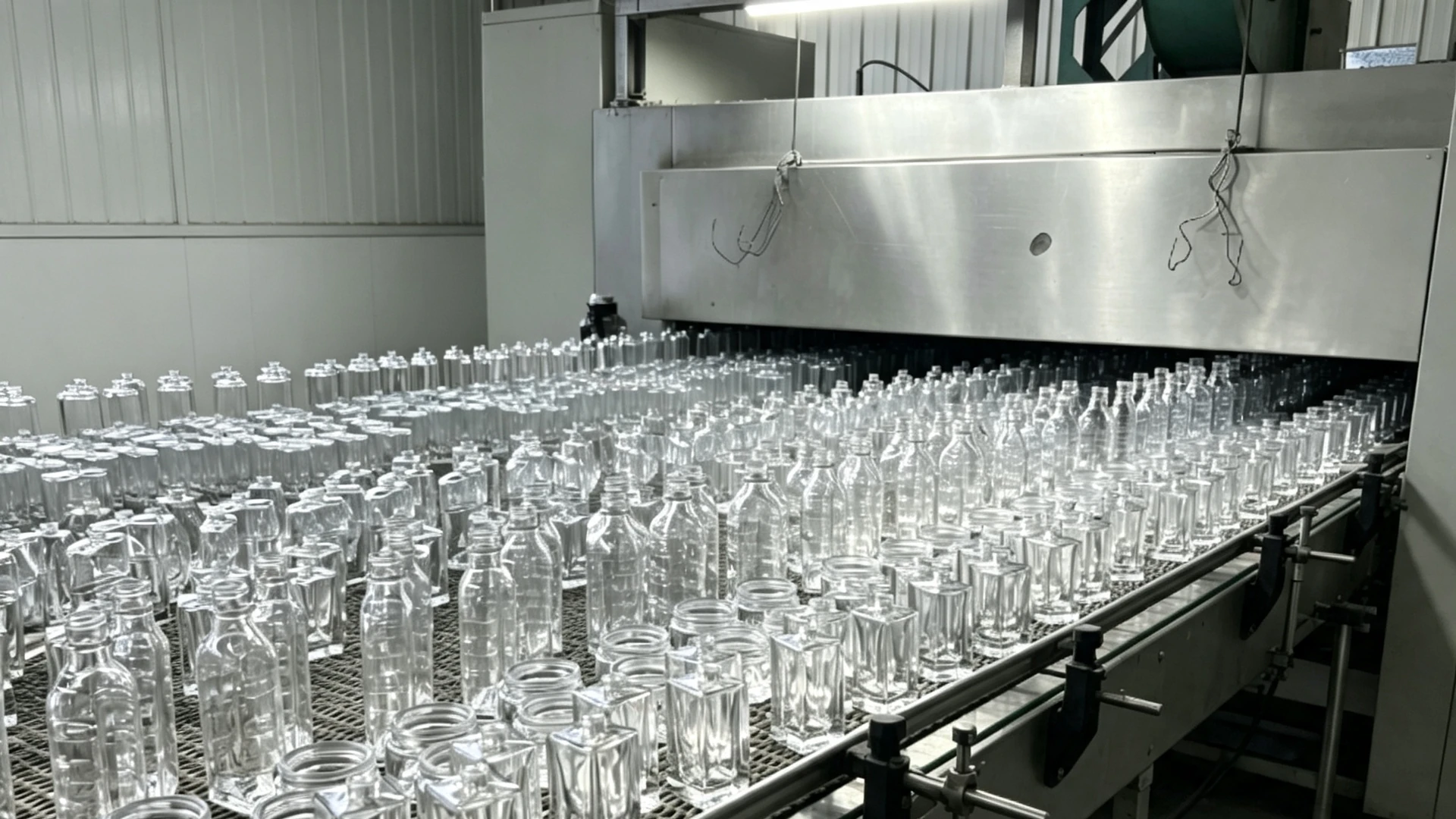 Clear perfume bottles exiting the annealing lehr